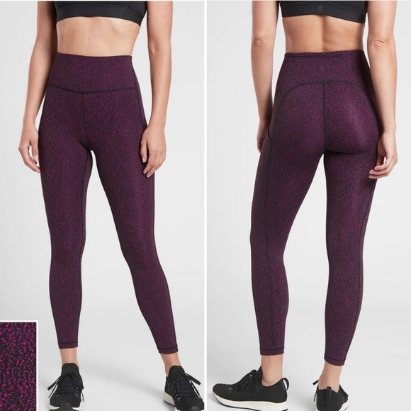 ATHLETA ULTIMATE STASH POCKET 7/8TH LEGGINGS STATIC BLACK AND FUCHSIA SIZE SMALL - Picture 1 of 14